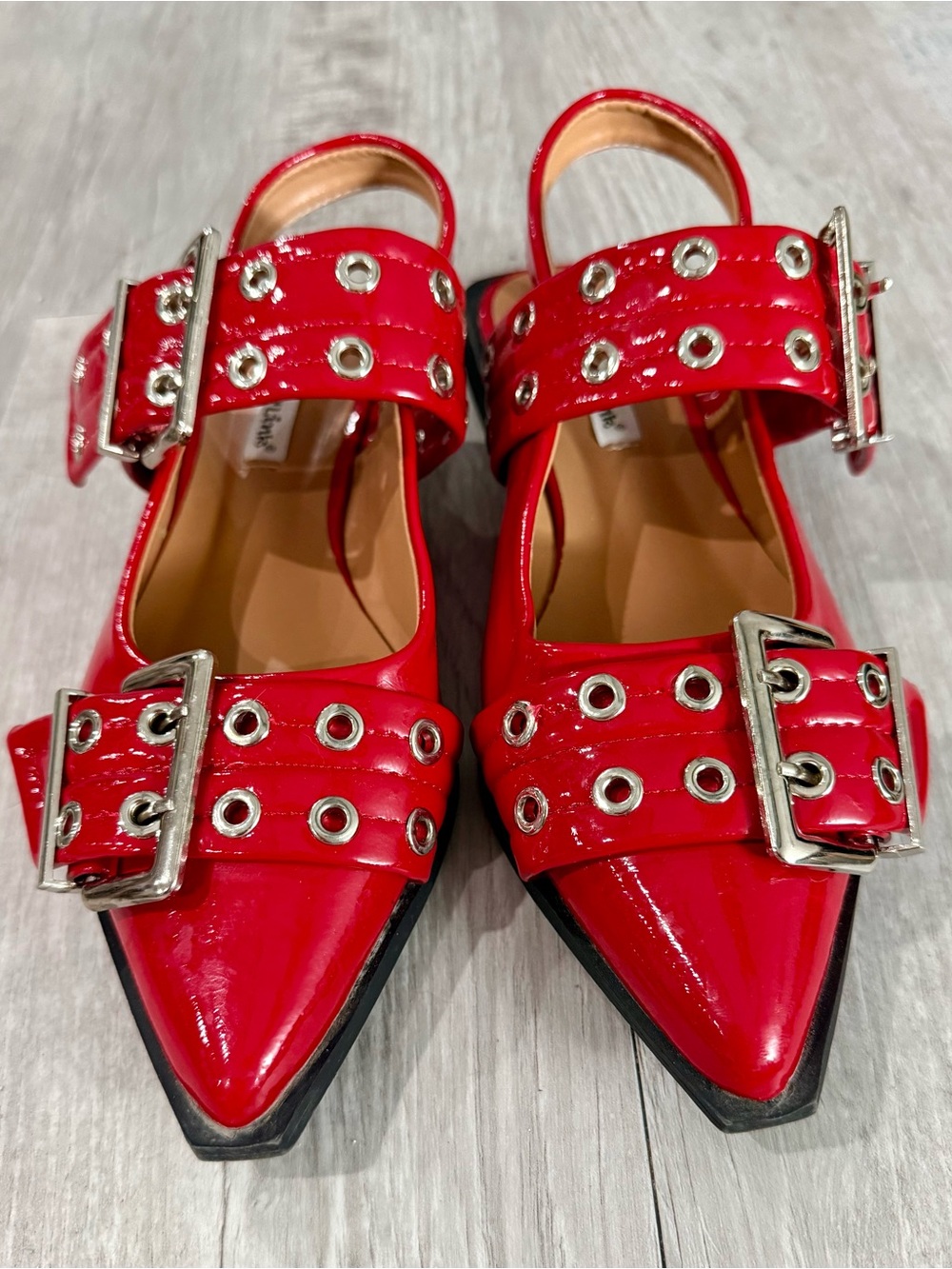 Red Patent Slingback Flats Pointed Toe Double Buckle Eyelets Women's 7